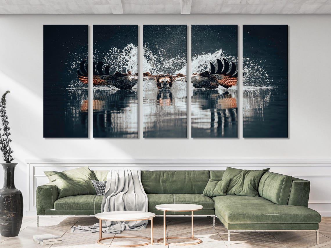 Room mockup with a white sofa and a three-panel osprey diving wildlife artwork above