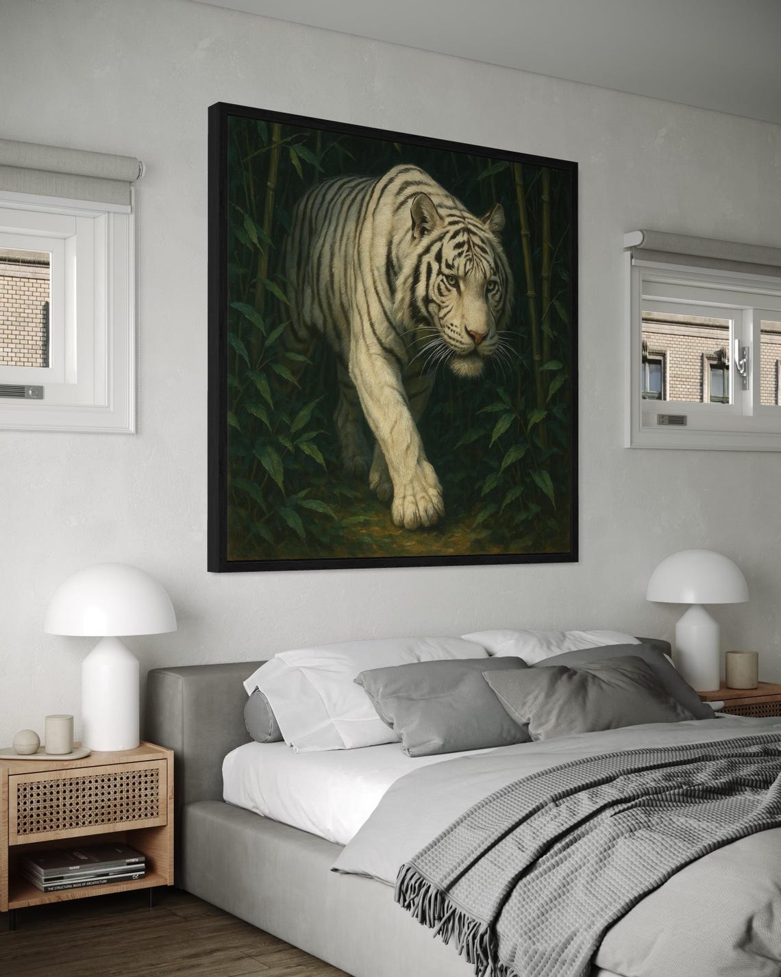 Wall mockup with a framed white tiger jungle painting above a bench in front of teal scale-pattern wallpaper