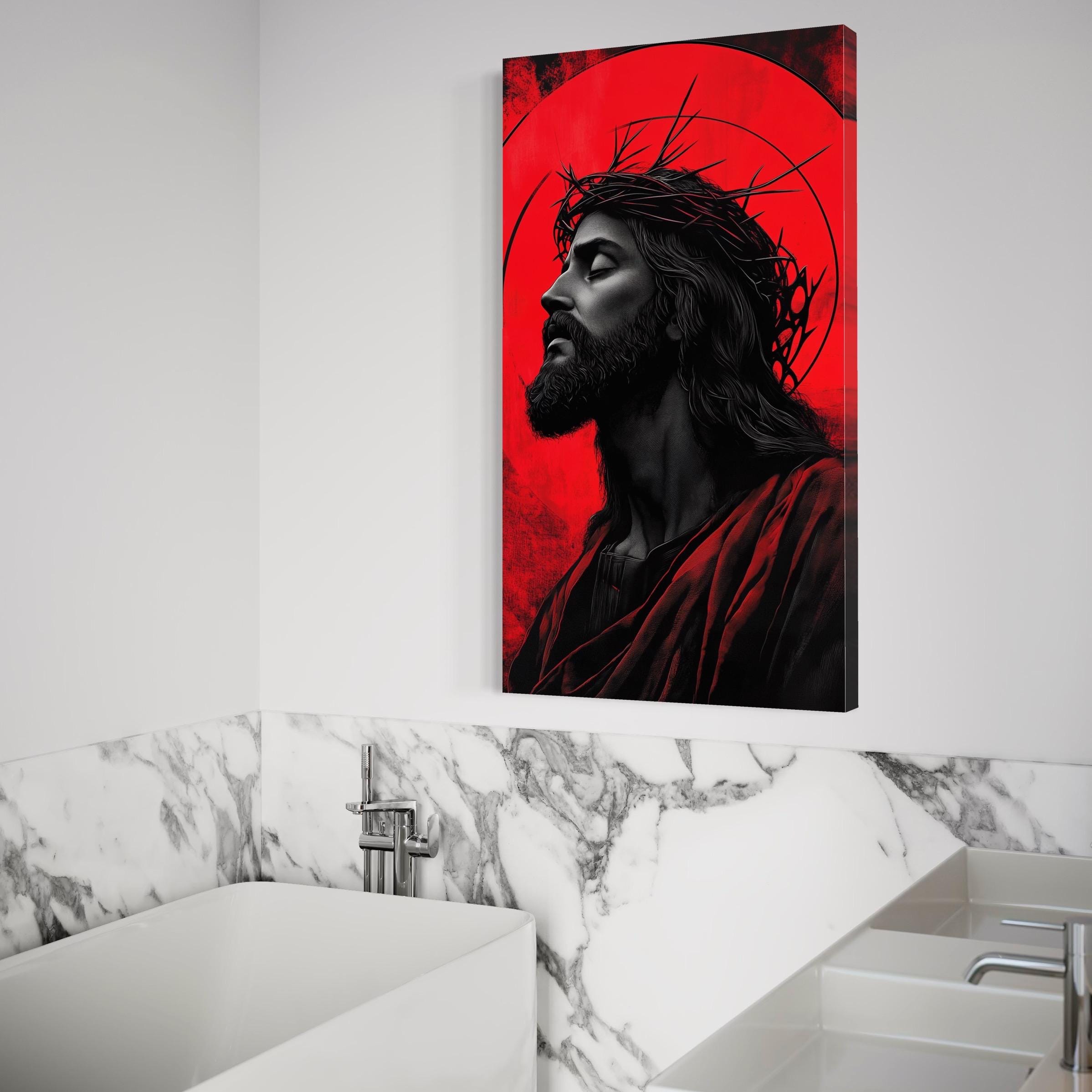 Religious Jesus portrait artwork displayed on a wall in a modern room with white curtains and pendant lights