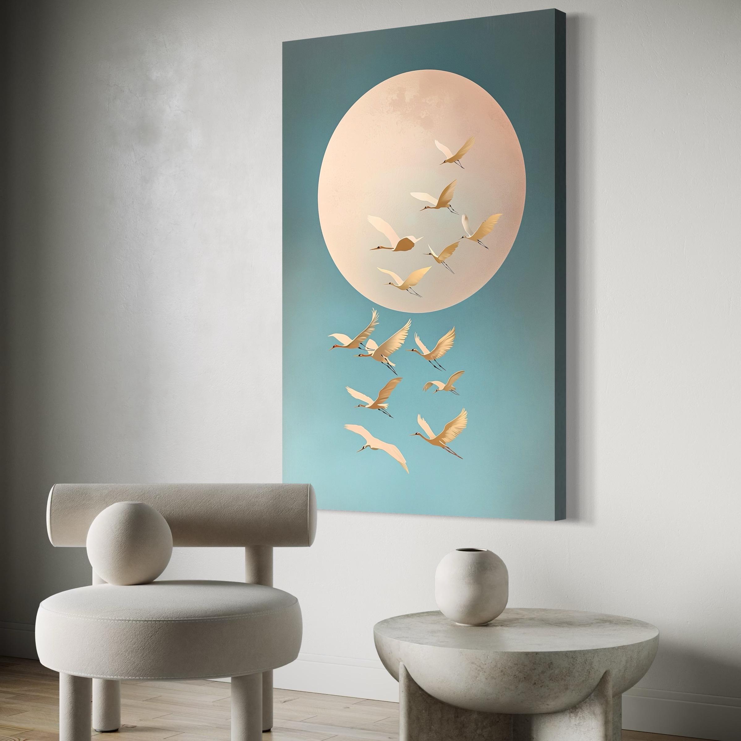 Room mockup showing a wall hanging with birds in flight around a pale moon
