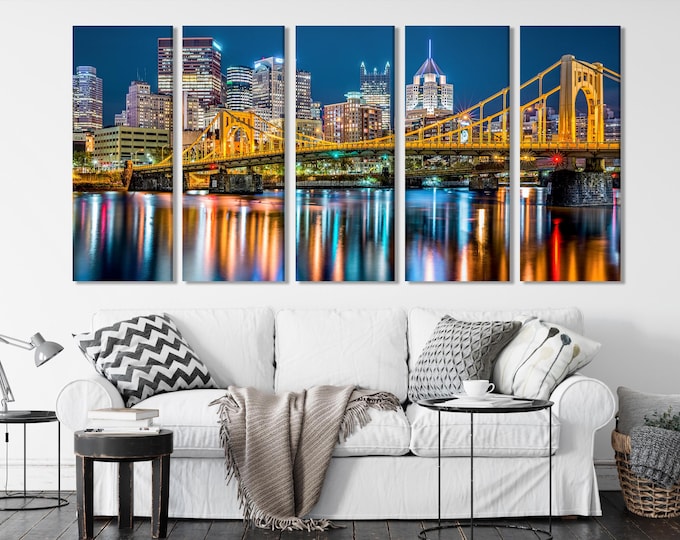 Pittsburgh Skyline Canvas Print - Night Cityscape Wall Art & Yellow Bridge Painting, 5 Panel Canvas, Above Couch Decor, Office Wall Art