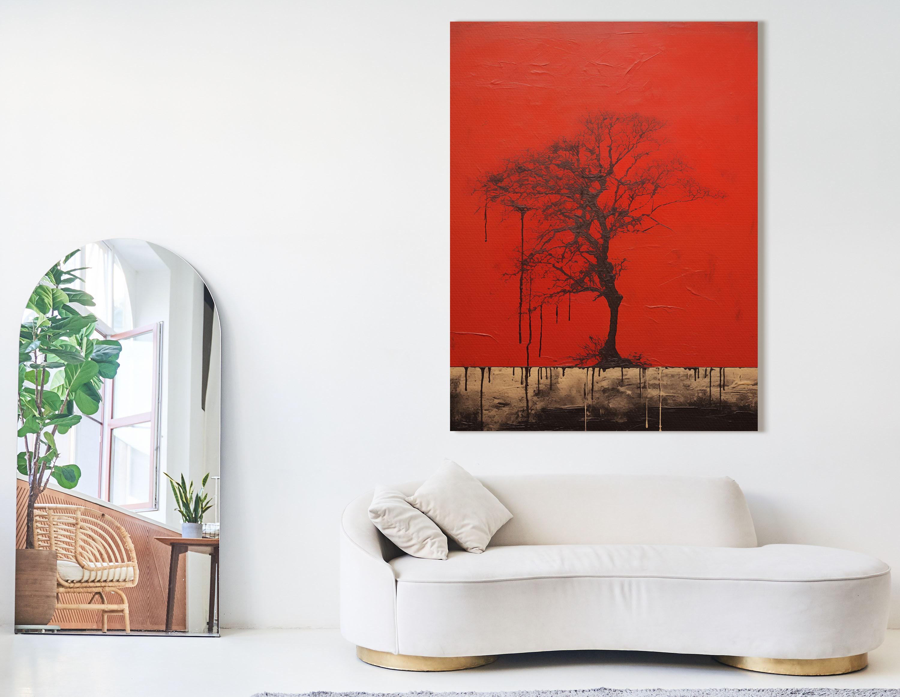 Crimson tree silhouette wall art with dark branches and dripped charcoal details detail view