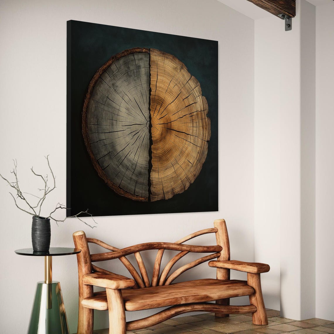 Circular tree trunk cross-section with growth rings in cool grey and warm gold tones against a dark background detail view