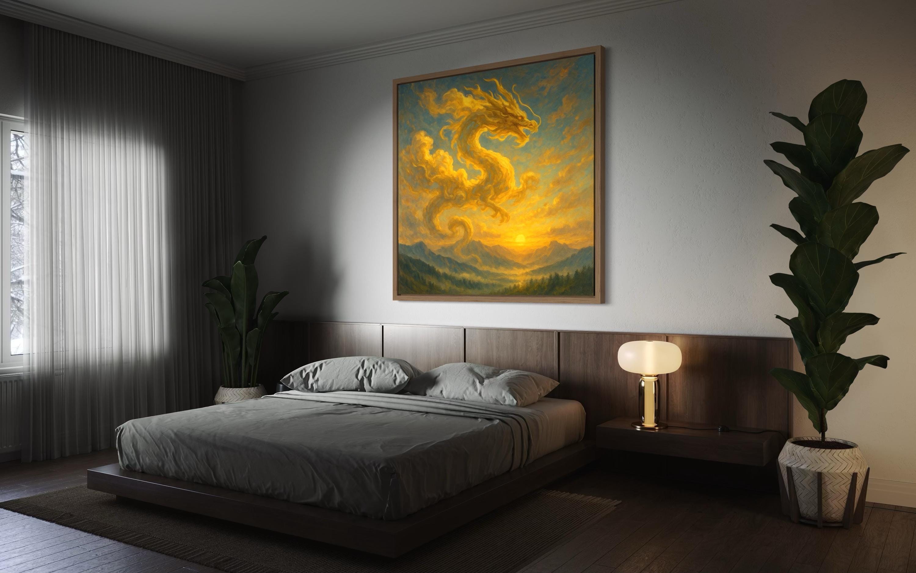Golden dragon-like silhouette rising through amber clouds over teal mountains at sunset detail view