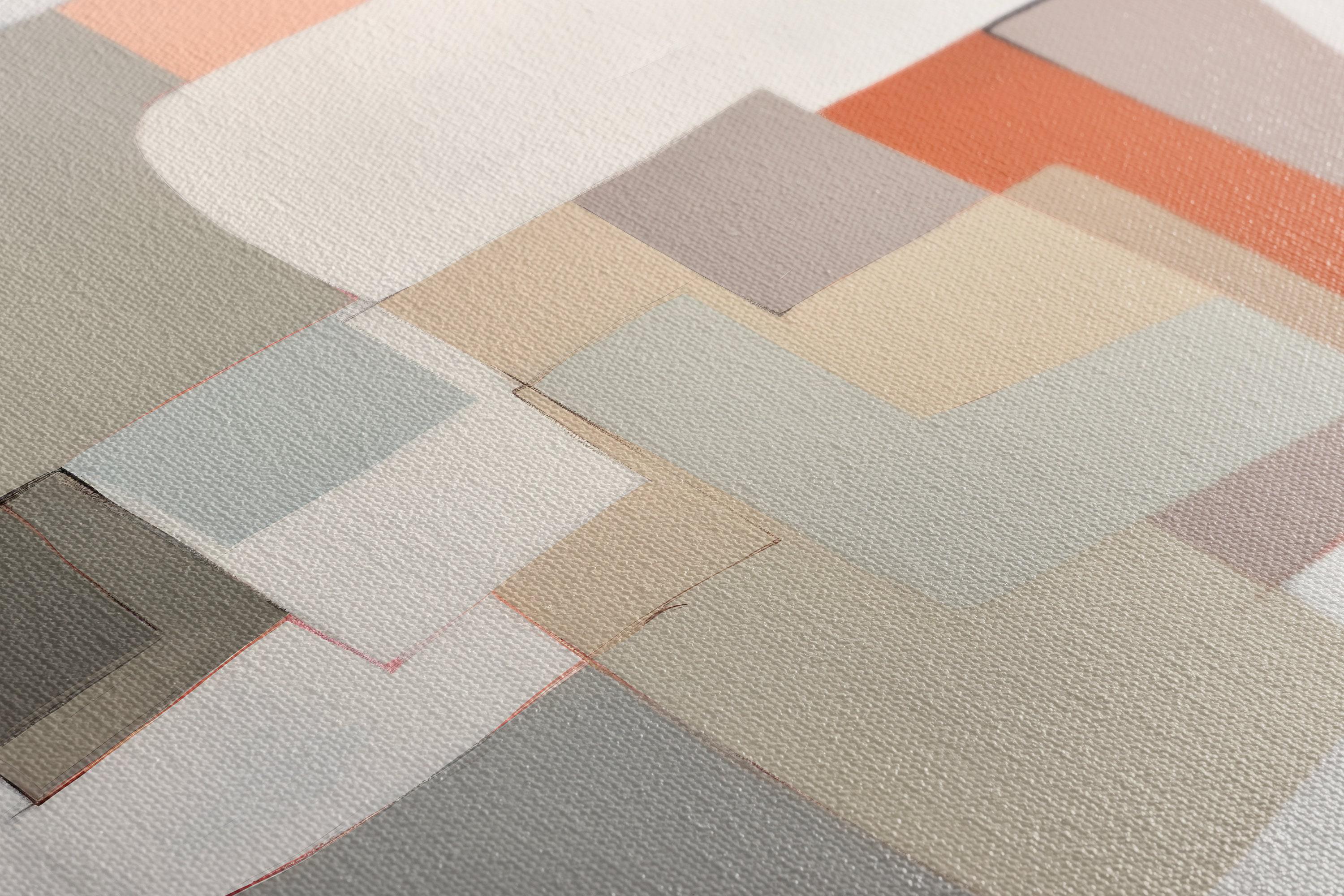 Neutral geometric abstract artwork with layered rectangles in cream, sage green and terracotta accents detail view