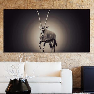 May include: A black and white photograph of an oryx, an antelope with long, straight horns, standing in a spotlight against a dark background.