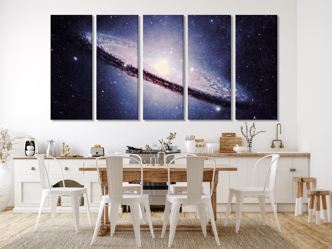 Room mockup showing three-panel starry galaxy artwork above a sofa