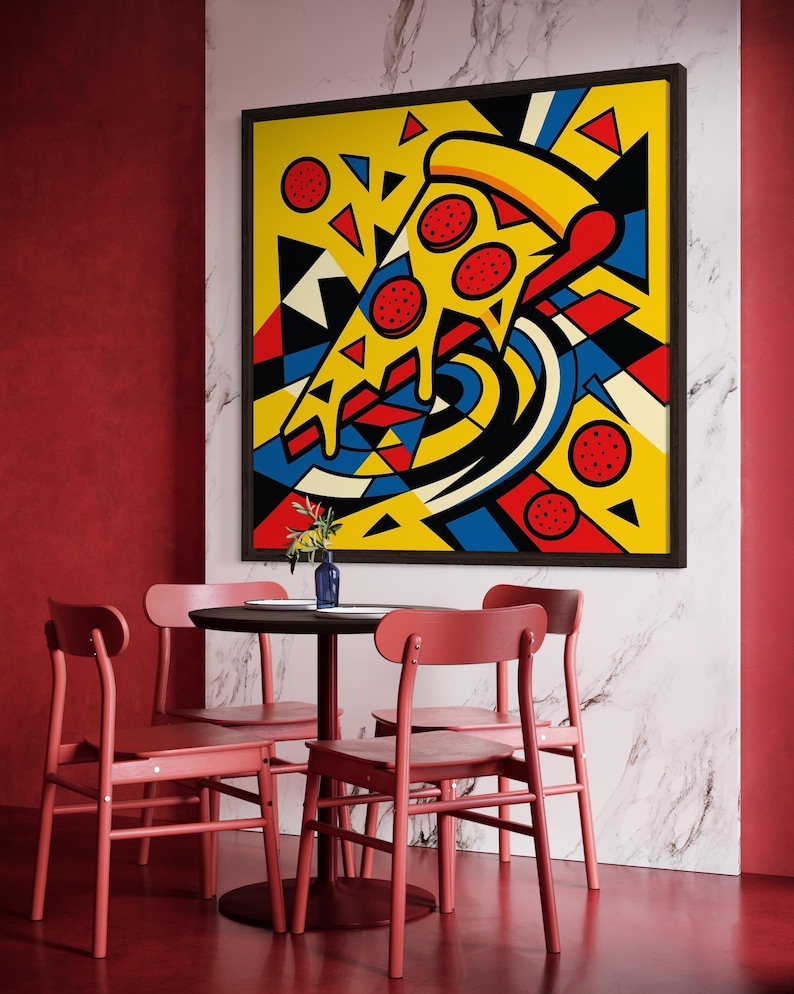 Pop art pizza slice illustration with yellow, red and blue geometric shapes and thick black outlines