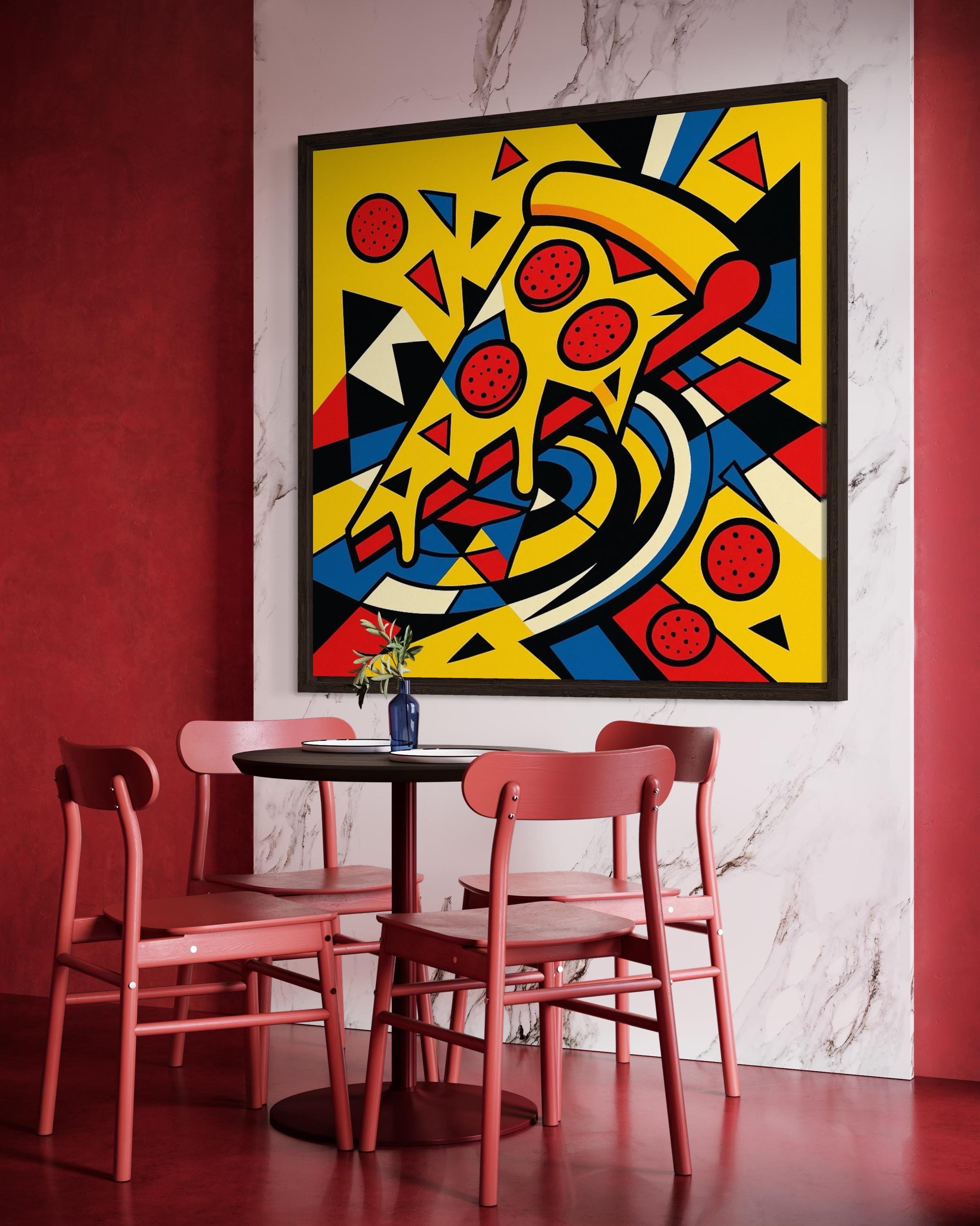 Pop art pizza slice illustration with yellow, red and blue geometric shapes and thick black outlines