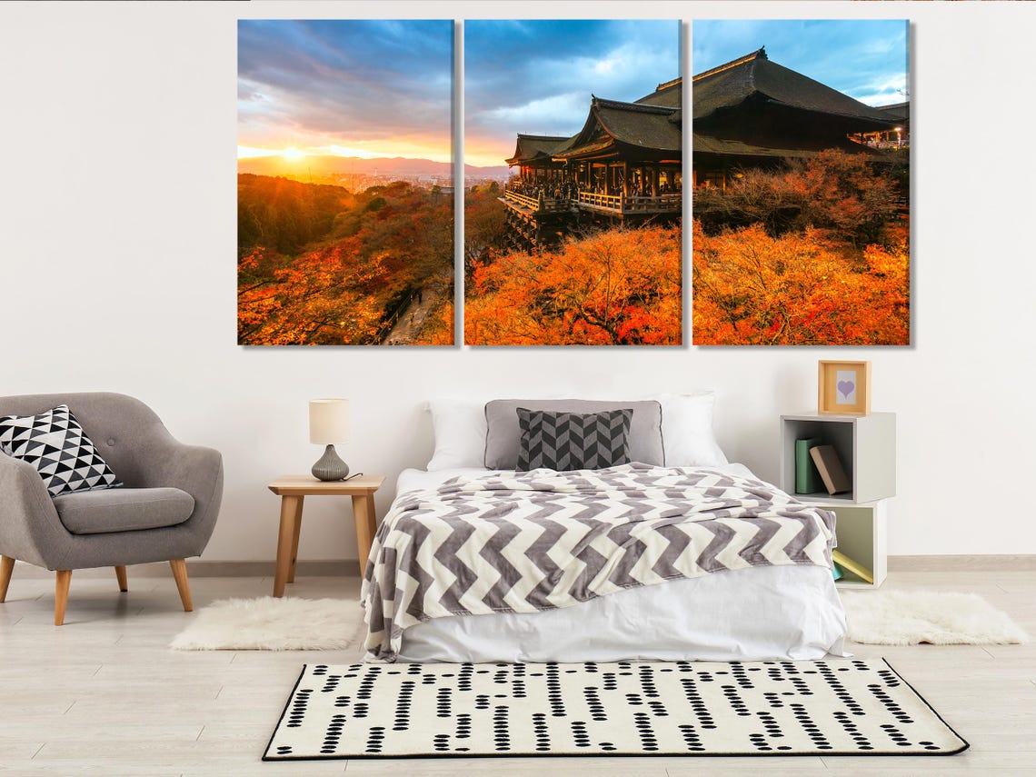 Room mockup showing a wall with a multi-panel autumn sunset temple landscape artwork