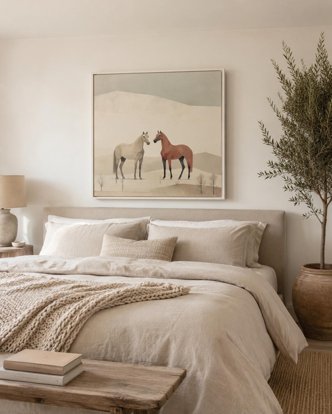 People holding wine near a framed minimalist desert horse artwork on a wall