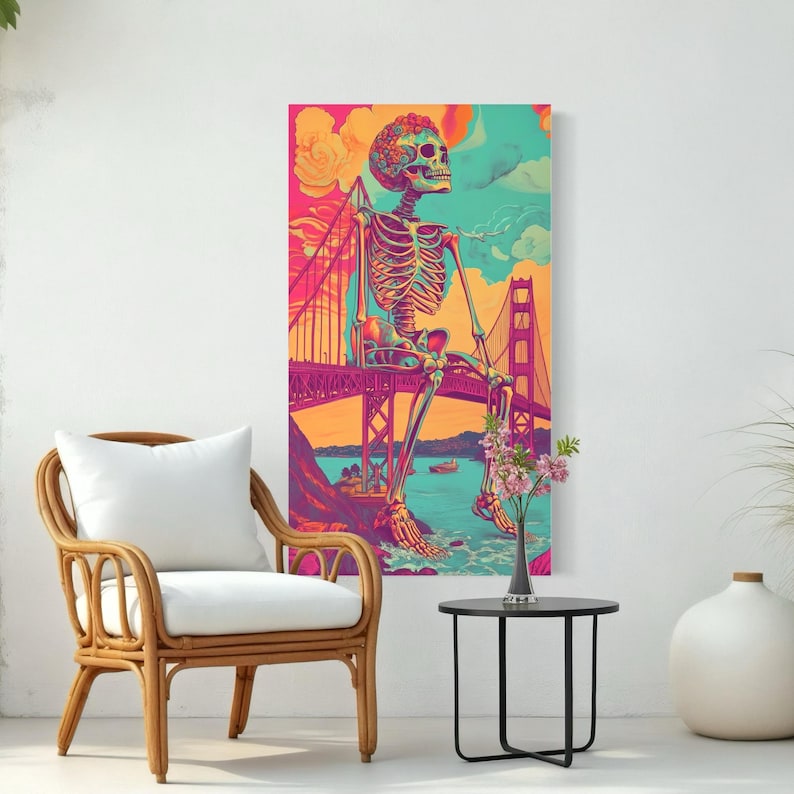 A surreal skeleton figure stands under a red-brick Golden Gate Bridge, set against neon turquoise, coral, and magenta waves and clouds