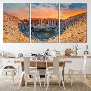 Hierapolis Amphitheater Leinwand, Sonnenuntergang über Pamukkale, Geschenkidee, Antike Architektur Wandkunst, Großes türkisches Dekor,