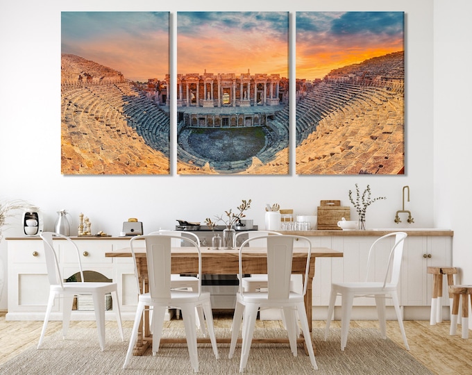 Hierapolis Amphitheater Canvas Print, Ancient Architecture Wall Art, Home Gift Idea, Sunset over Pamukkale, Large Turkish Heritage Decor,