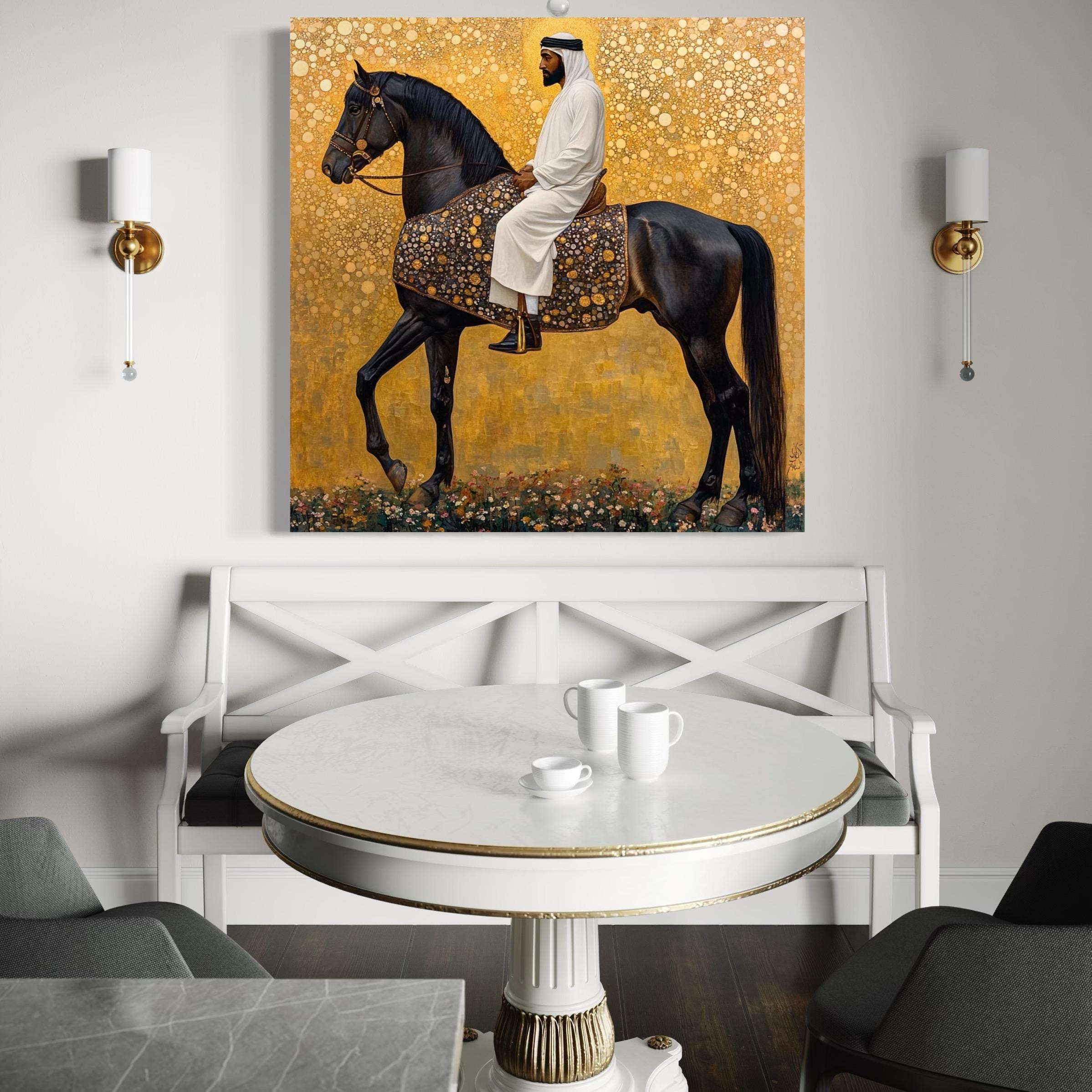 A black horse ridden by a robed man stands in profile against a golden patterned background with a floral strip at the bottom detail view