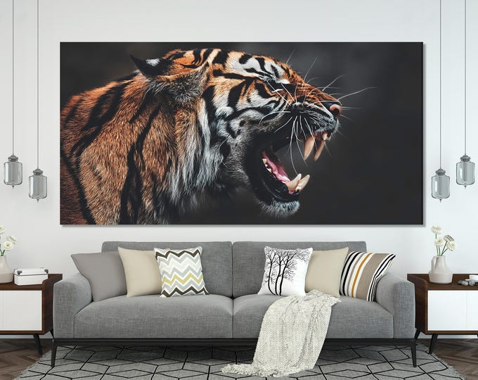 Roaring Tiger Canvas Art - Wildlife Wall Art, Large Tiger Canvas Print, Wild Tiger Canvas Art Print - Tiger Wall Art, Wildlife Artwork Print