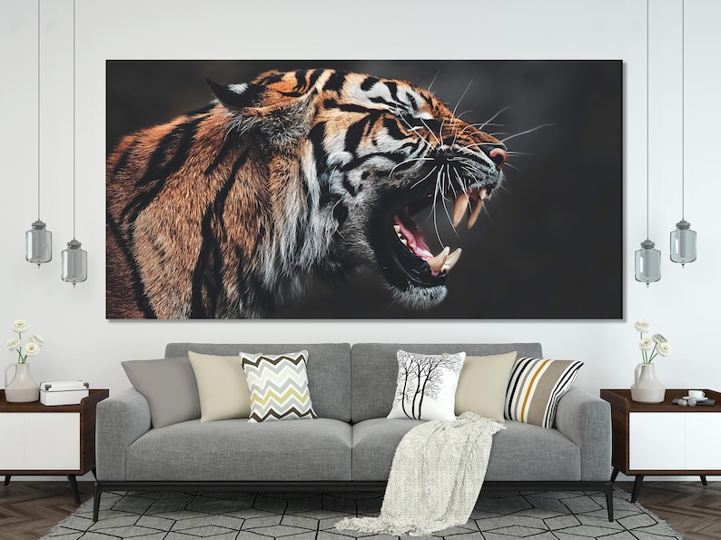 A roaring tiger portrait with orange-brown fur, black stripes and white facial markings on a dark background