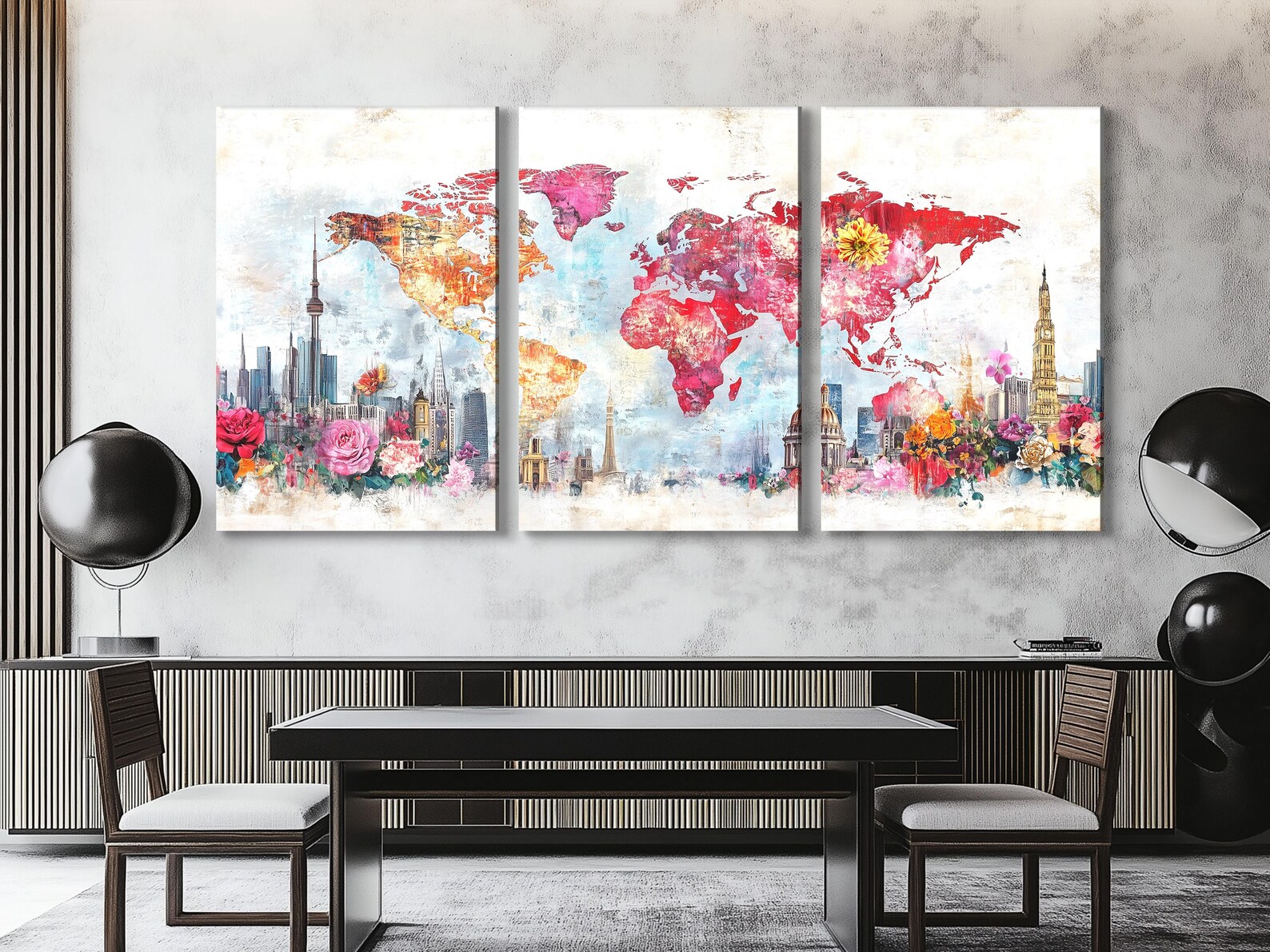 Floral Cityscape World Map Art Canvas Abstract Skyline Painting ...