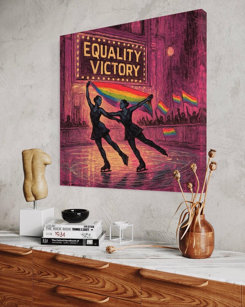 Equality Victory wall art showing two black skater silhouettes with raised arms and a rainbow arc background