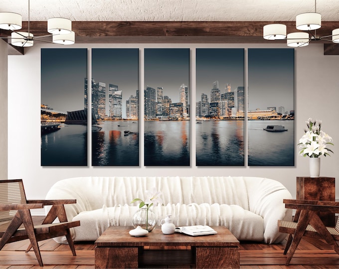 Singapore Wall Art - Large Singapore Cityscape Canvas Print, Modern Skyline Wall Art, Singapore Wall Decor, Multi Panel Singapore Wall Decor