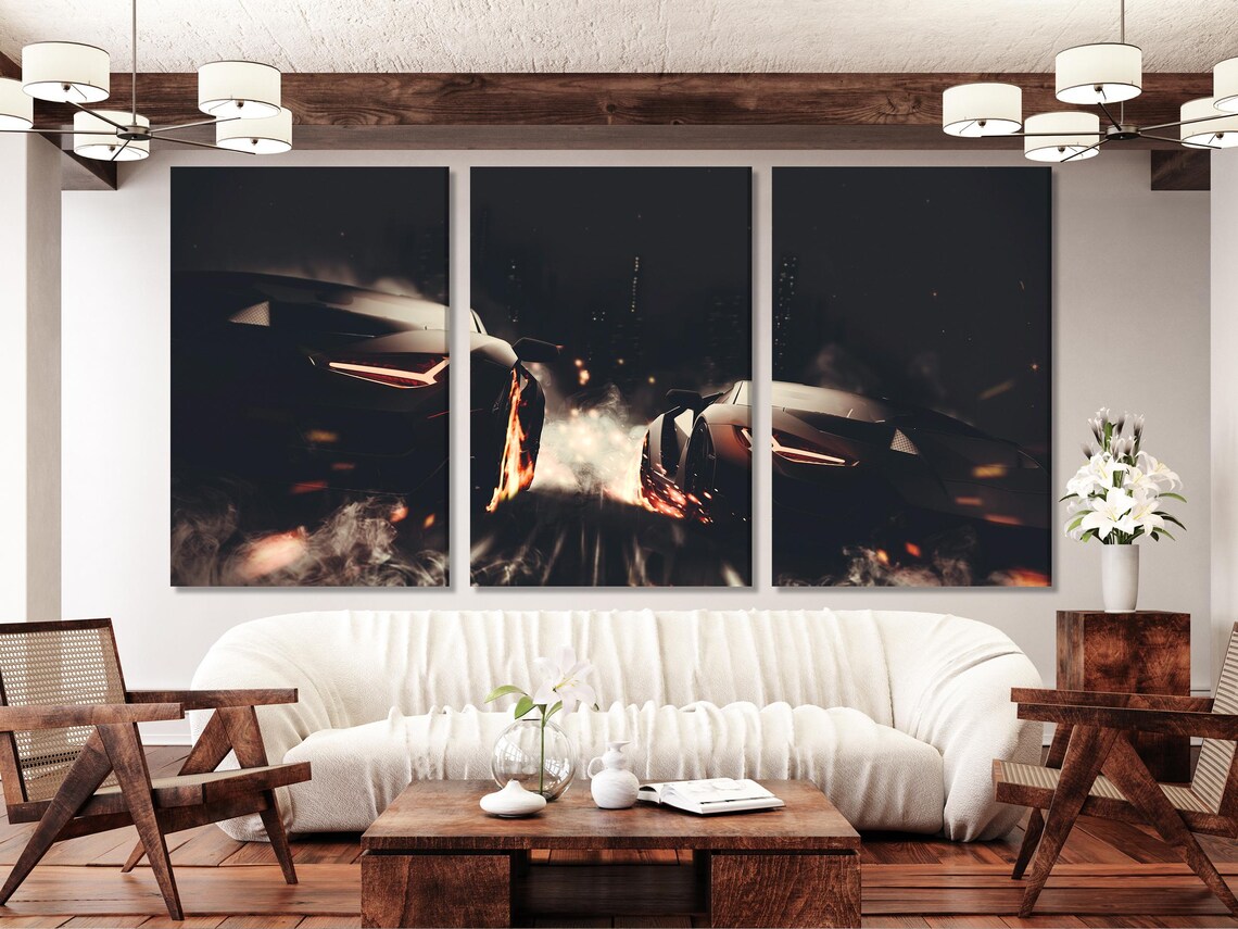 Living room mockup with multiple vertical panels showing a night sports car artwork above a sofa