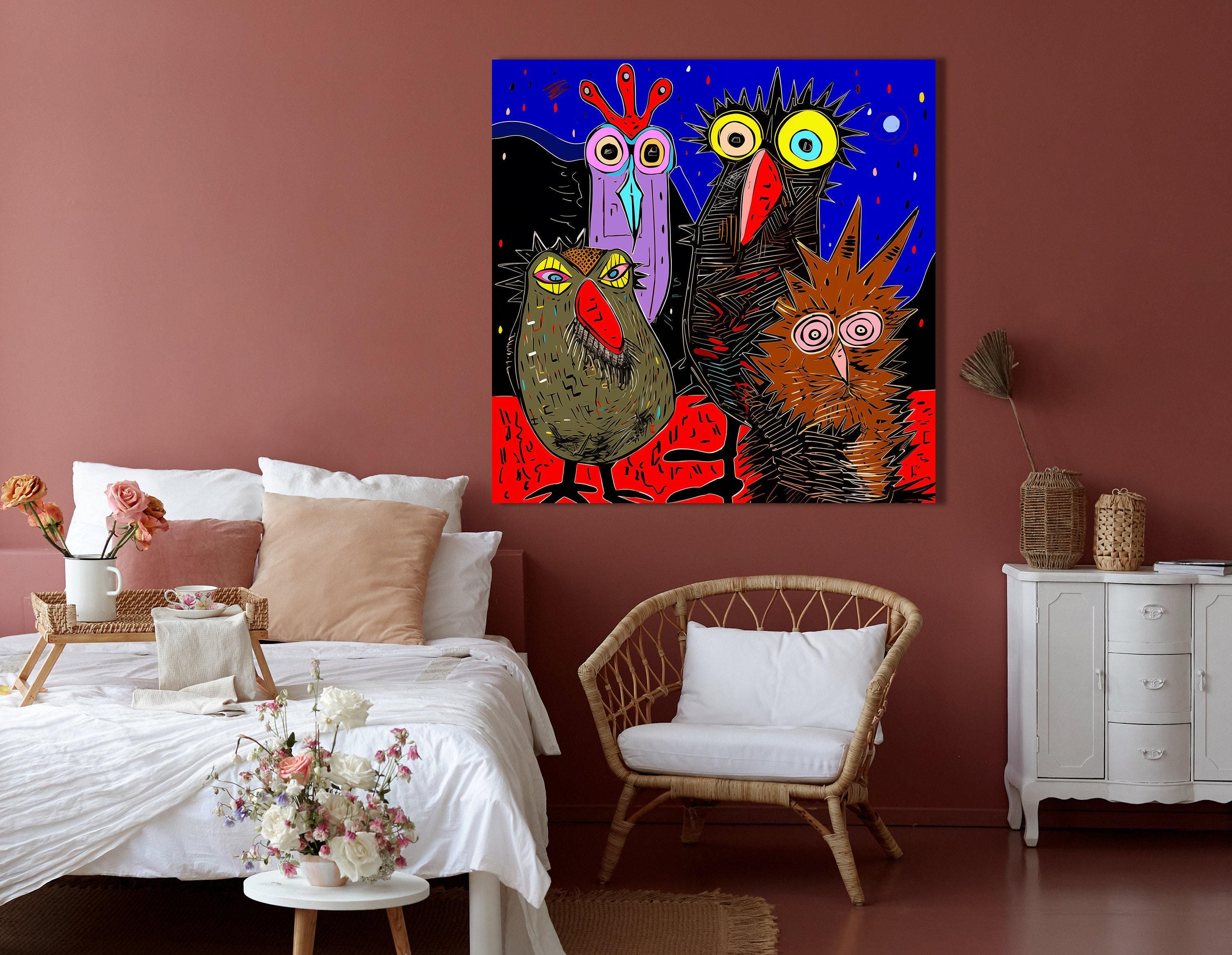 Colourful owl quartet illustration with oversized eyes on an electric blue rainy sky detail view