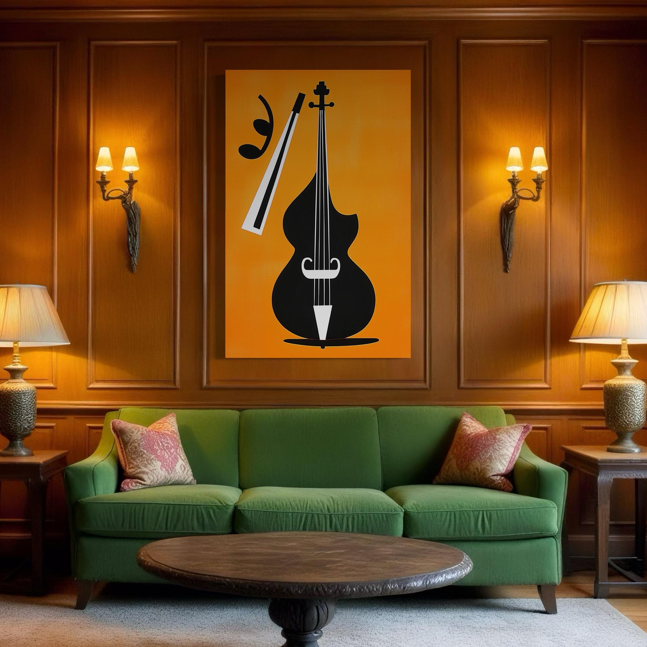 A living room mockup with an orange and black double bass artwork above a sofa