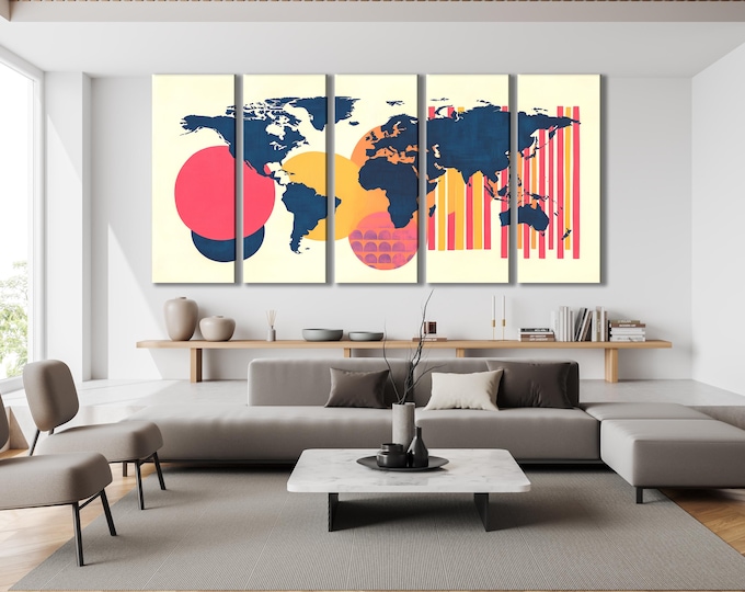Colorful Abstract World Map Canvas Art Modern Office Wall Decor Geometric Shapes Global Artwork Contemporary Map for Study Room