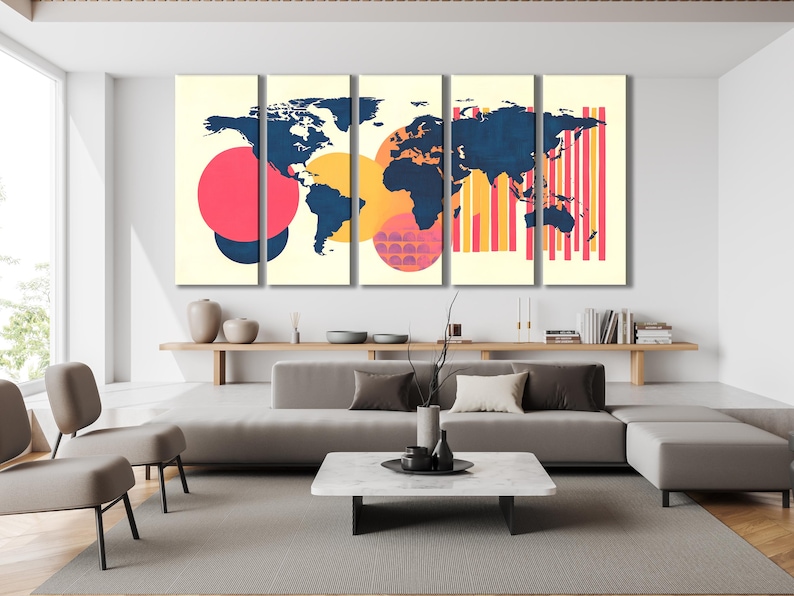 Stylised geometric world map with navy blue continents and bright pink, coral and orange accents across five panels
