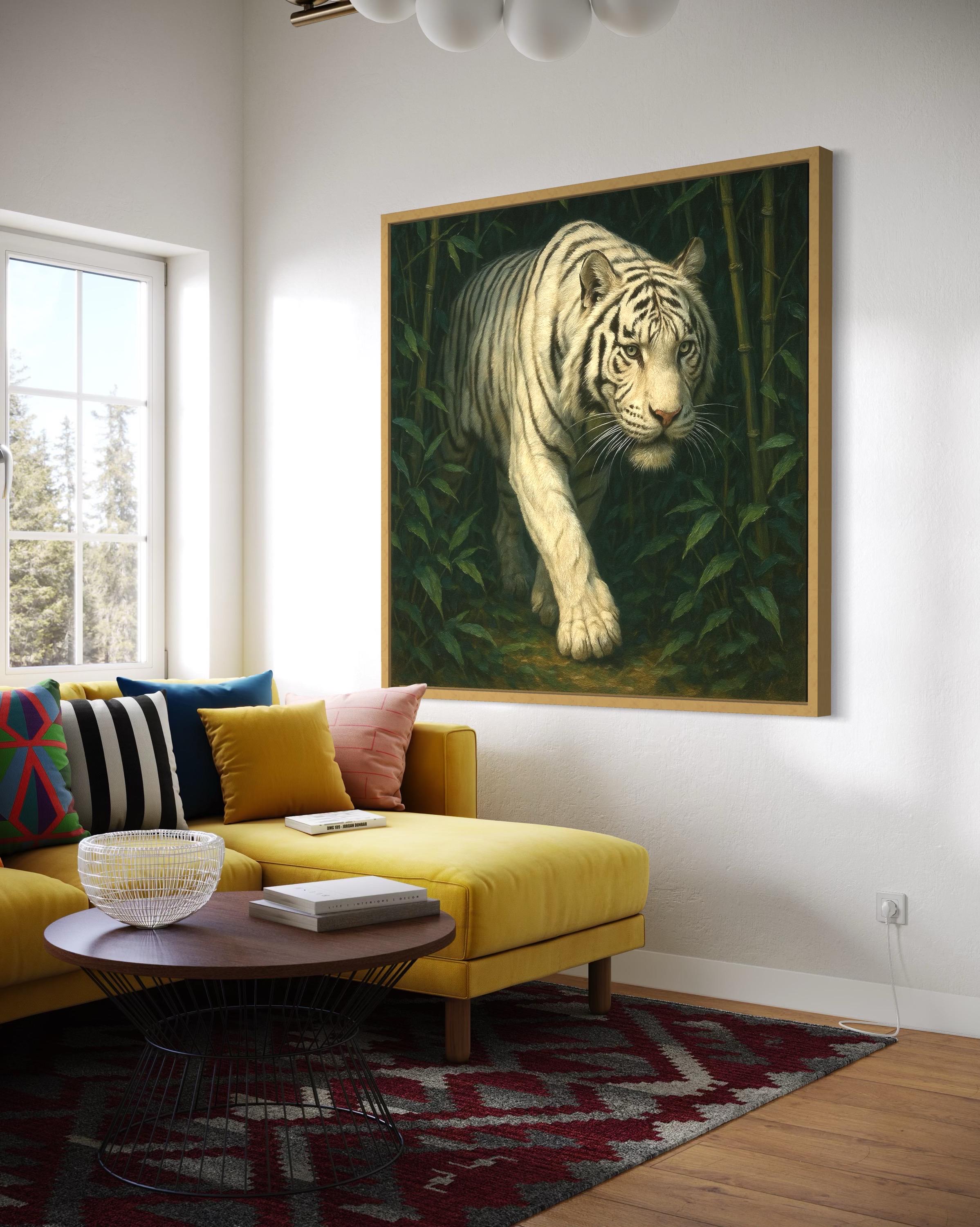 Wall mockup with a framed white tiger jungle painting above a bench in front of teal scale-pattern wallpaper