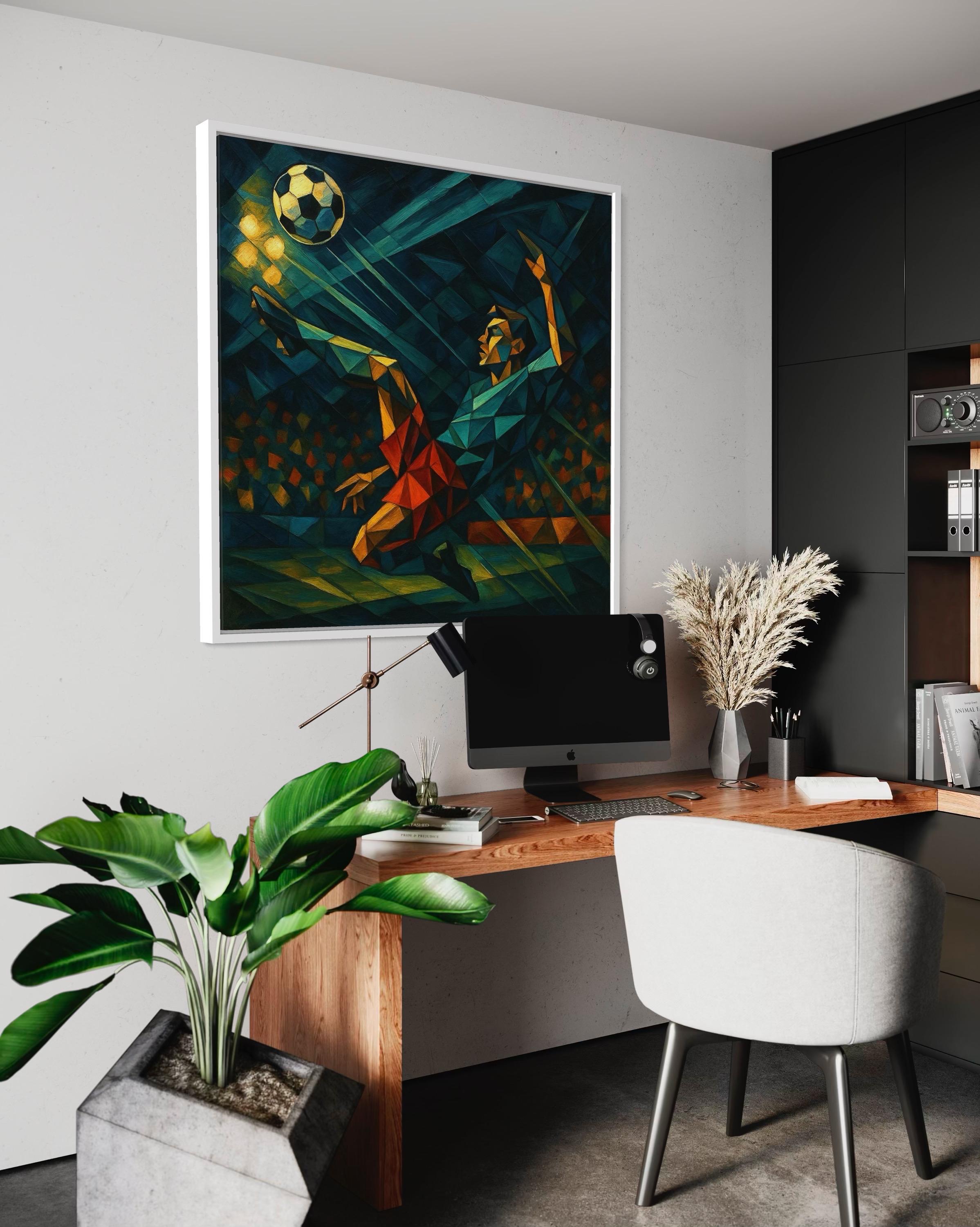 Artwork of geometric low-poly soccer scene hung on a wall above a bench and chair