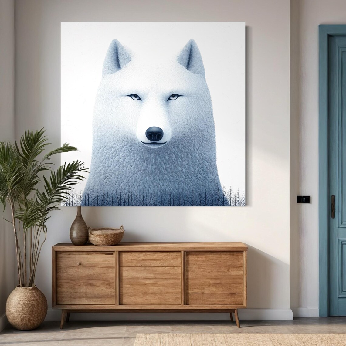Wolf portrait artwork displayed in a bright room setting