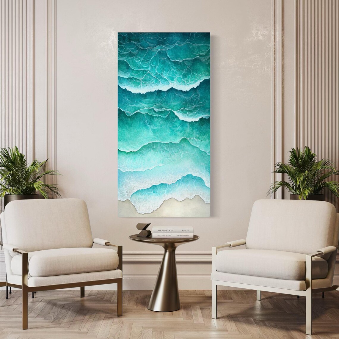 Room mockup showing a vertical seascape artwork with turquoise waves and white sea foam