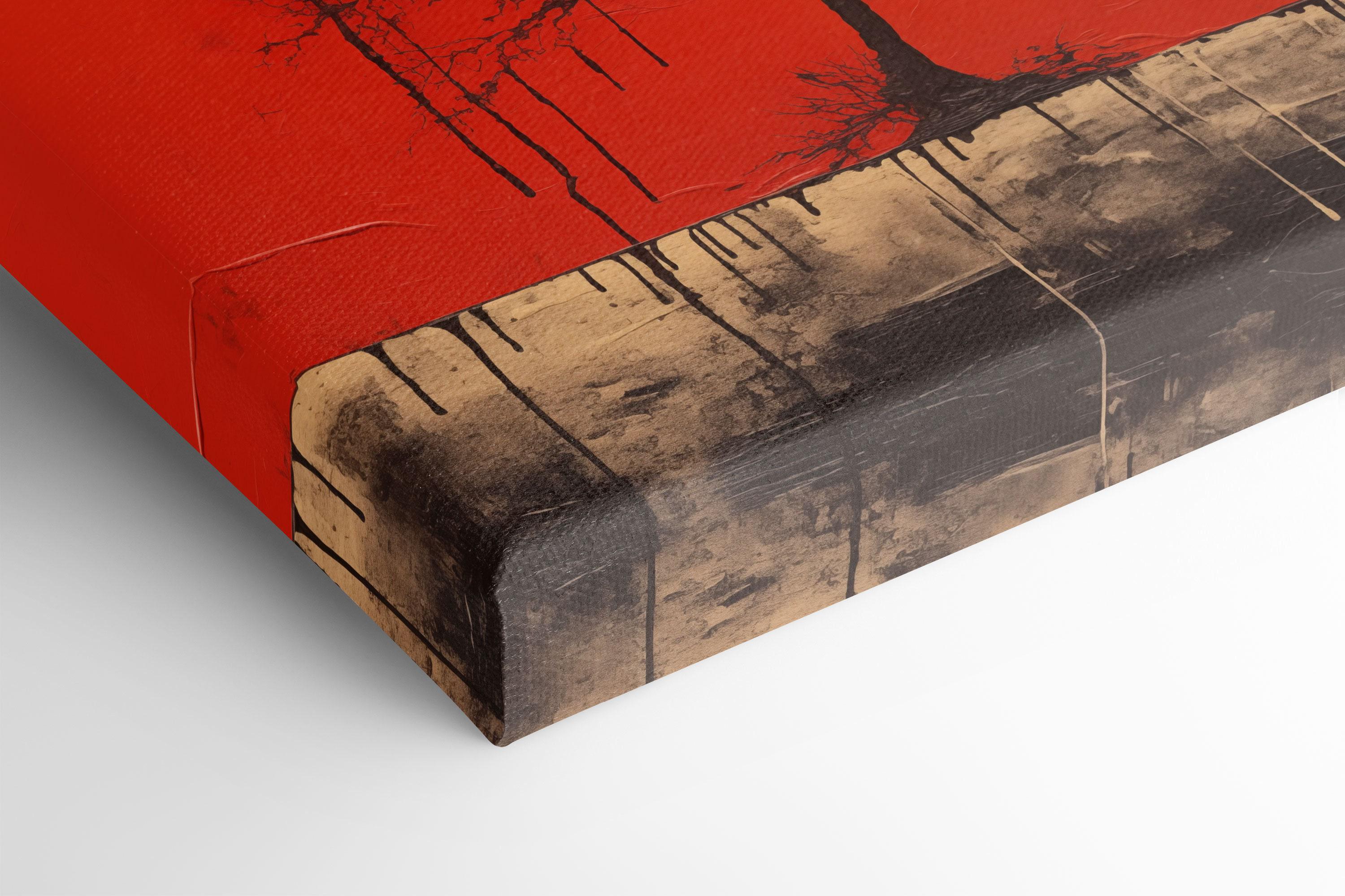 Crimson tree silhouette wall art with dark branches and dripped charcoal details detail view