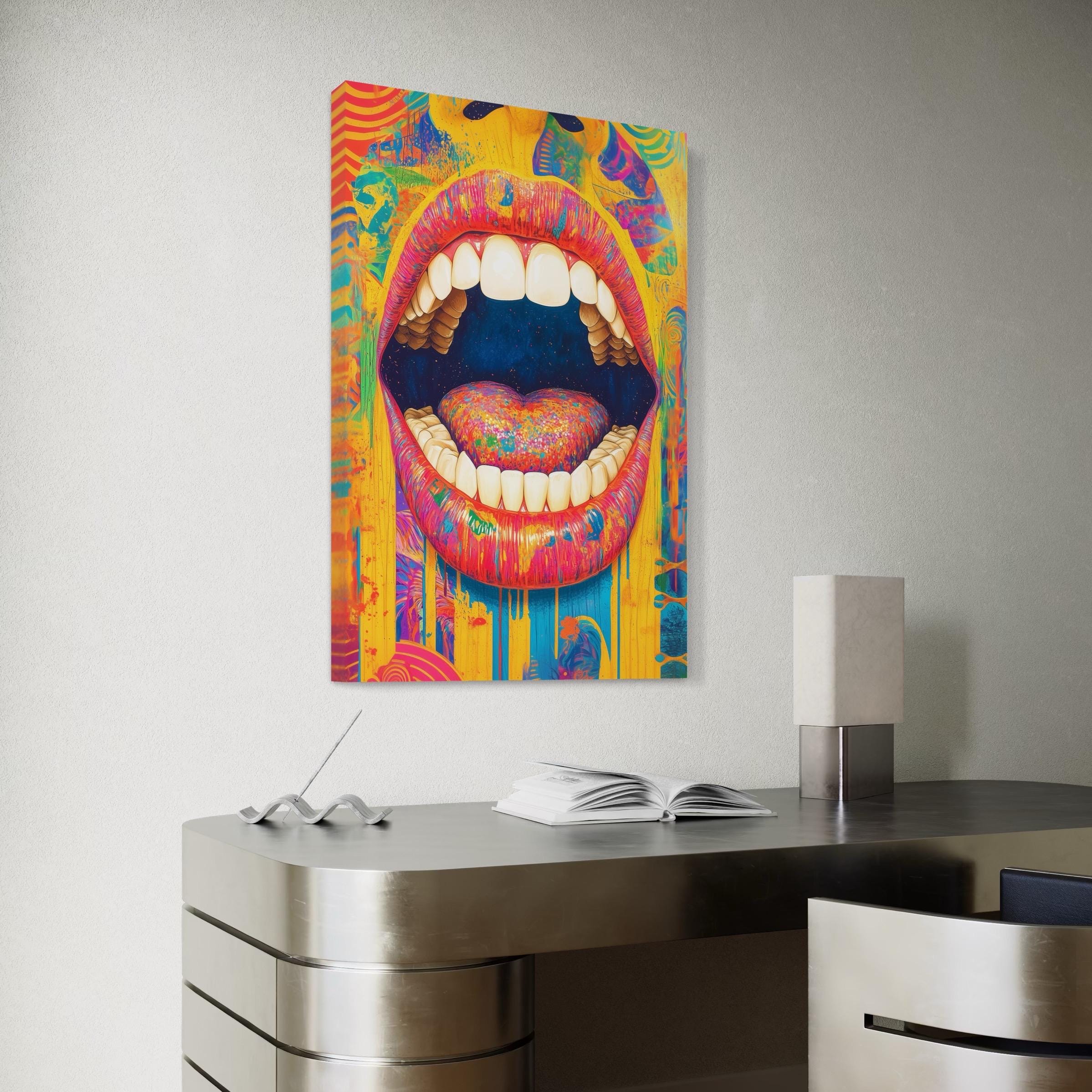 Room mockup showing a colourful open mouth and heart artwork on a wall above a sofa