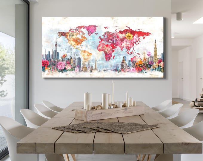 Modern Floral World Map Canvas Art Abstract City Skyline Painting Colorful Travel Map Decor Flower Cityscape Home Interior Print