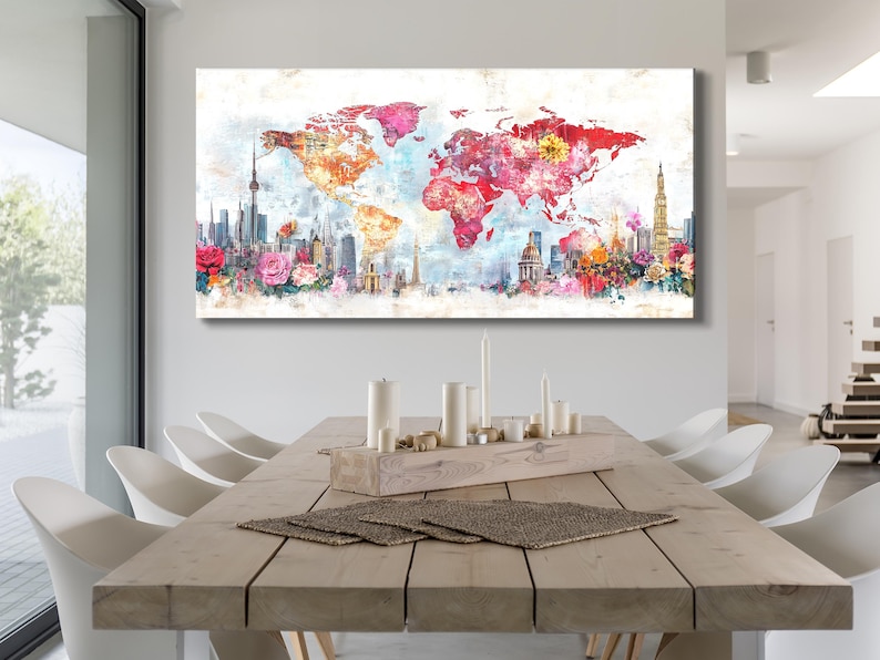 Colourful world map artwork with floral blooms and city skyline details