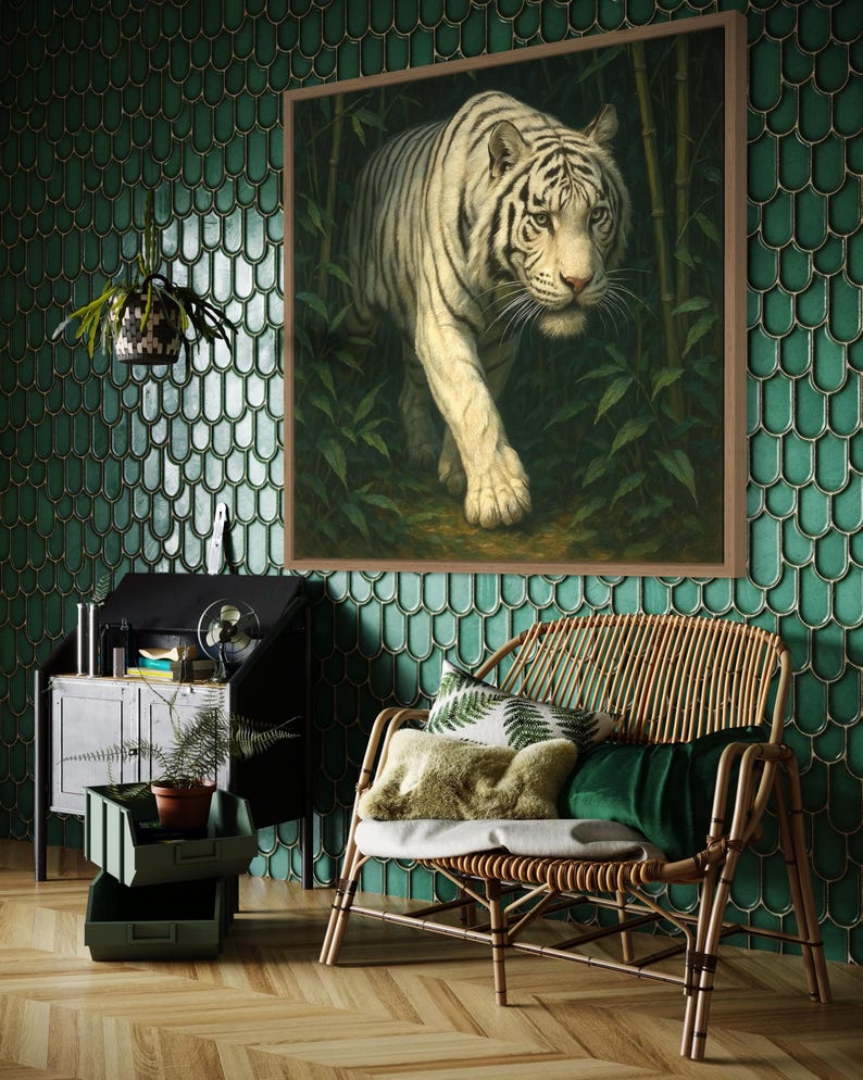 Realistic white tiger walking through a dark green jungle with layered leaves