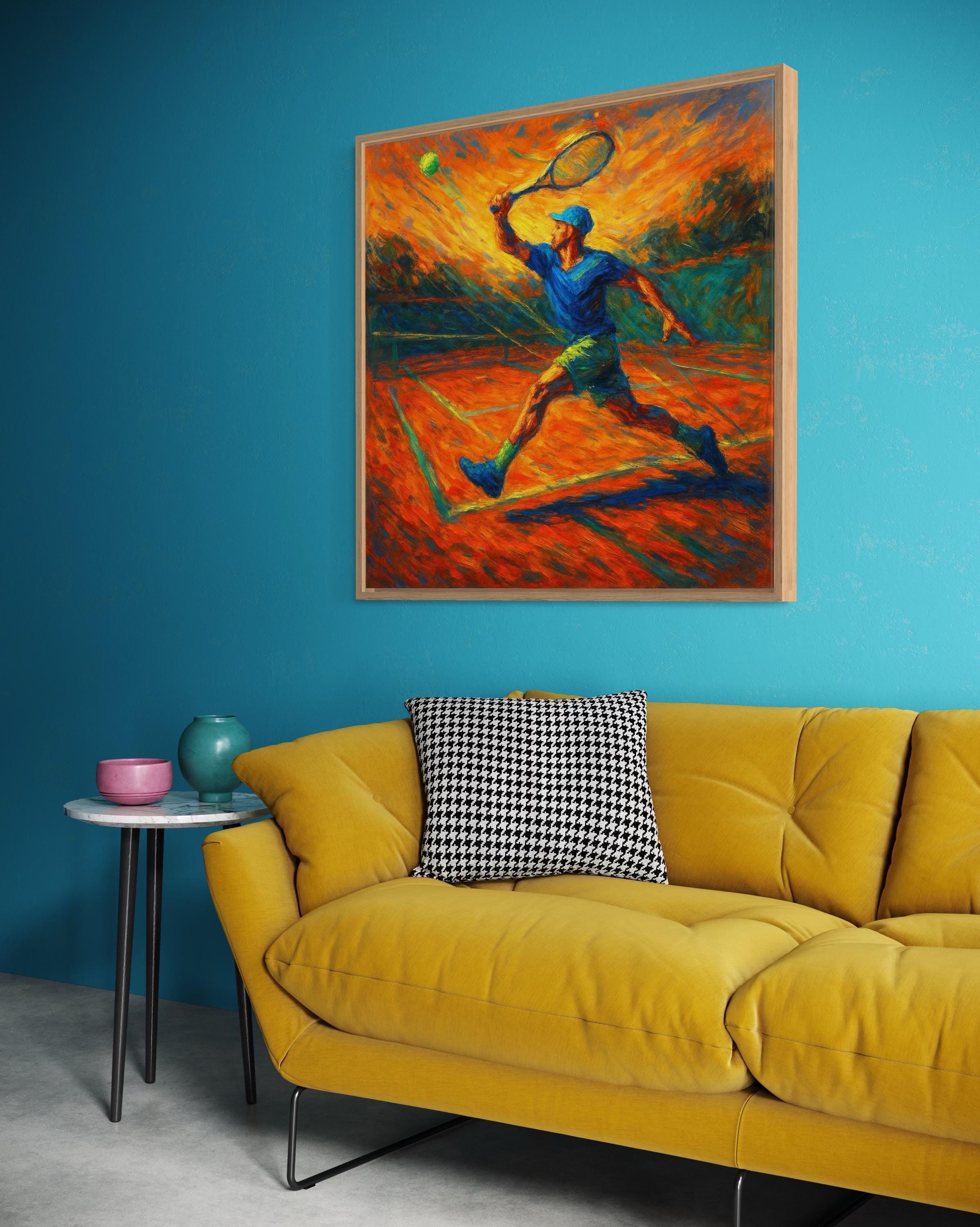 A painterly tennis player in blue is captured mid-serve on a vivid orange clay-court backdrop with dynamic strokes and green accents detail view