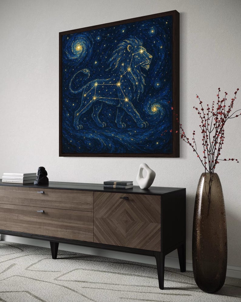Gold constellation lion head outline on a deep navy starry background with swirling spirals
