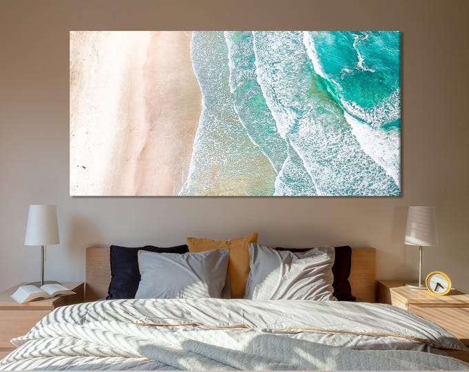 Beach Aerial View Canvas Print – Modern Coastal Wall Art, Ocean Waves and Sandy Shore, Contemporary Seaside Decor for Bedroom or Living Room