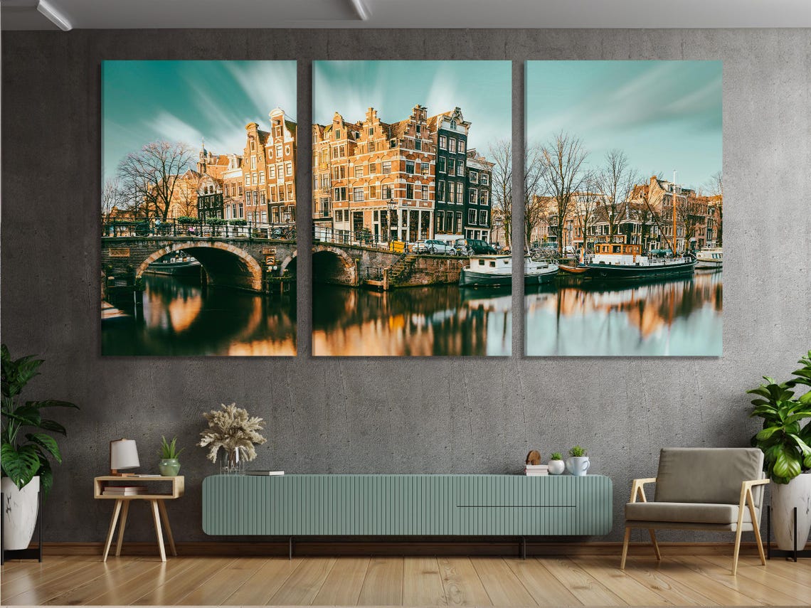 Five vertical city panels showing brick canal houses, a stone bridge, boats and water reflections detail view