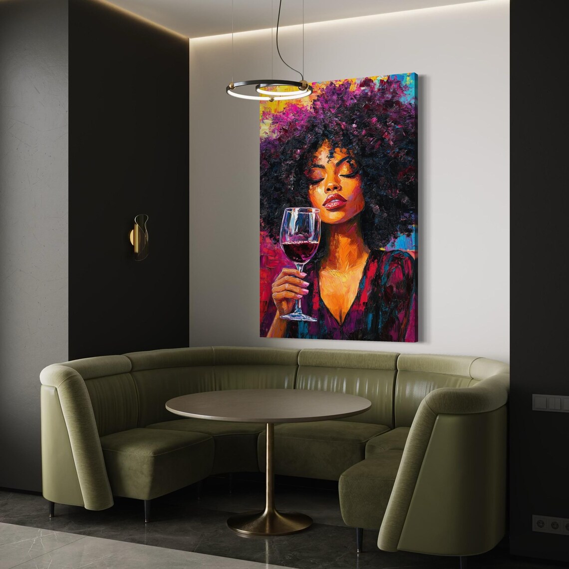 Room mockup showing a framed portrait of a woman holding a wine glass above a bar with bottles and glasses