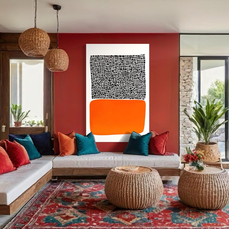 Abstract geometric artwork with dense black linework and a vivid orange rounded block on a white background