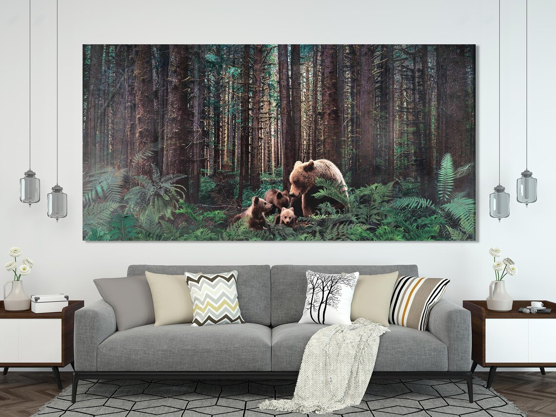 Room mockup with a three-panel woodland bear artwork above a bed