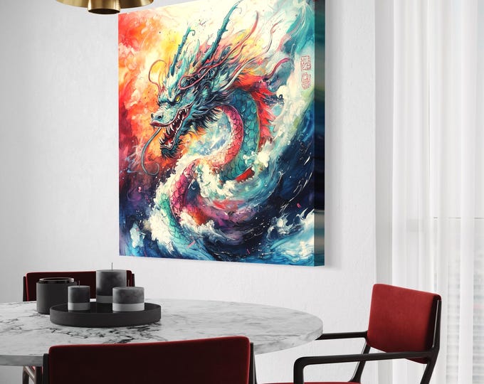 Japanese Dragon Art - Colorful Dragon Canvas Art, Fantasy Wall Art, Abstract Dragon Print, Samurai & Asian Wall Decor, Water Dragon Artwork