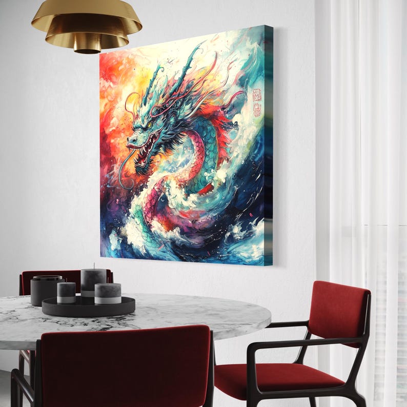 Colourful fantasy dragon with open mouth and teal scales, surrounded by swirling waves and fiery red-orange splashes