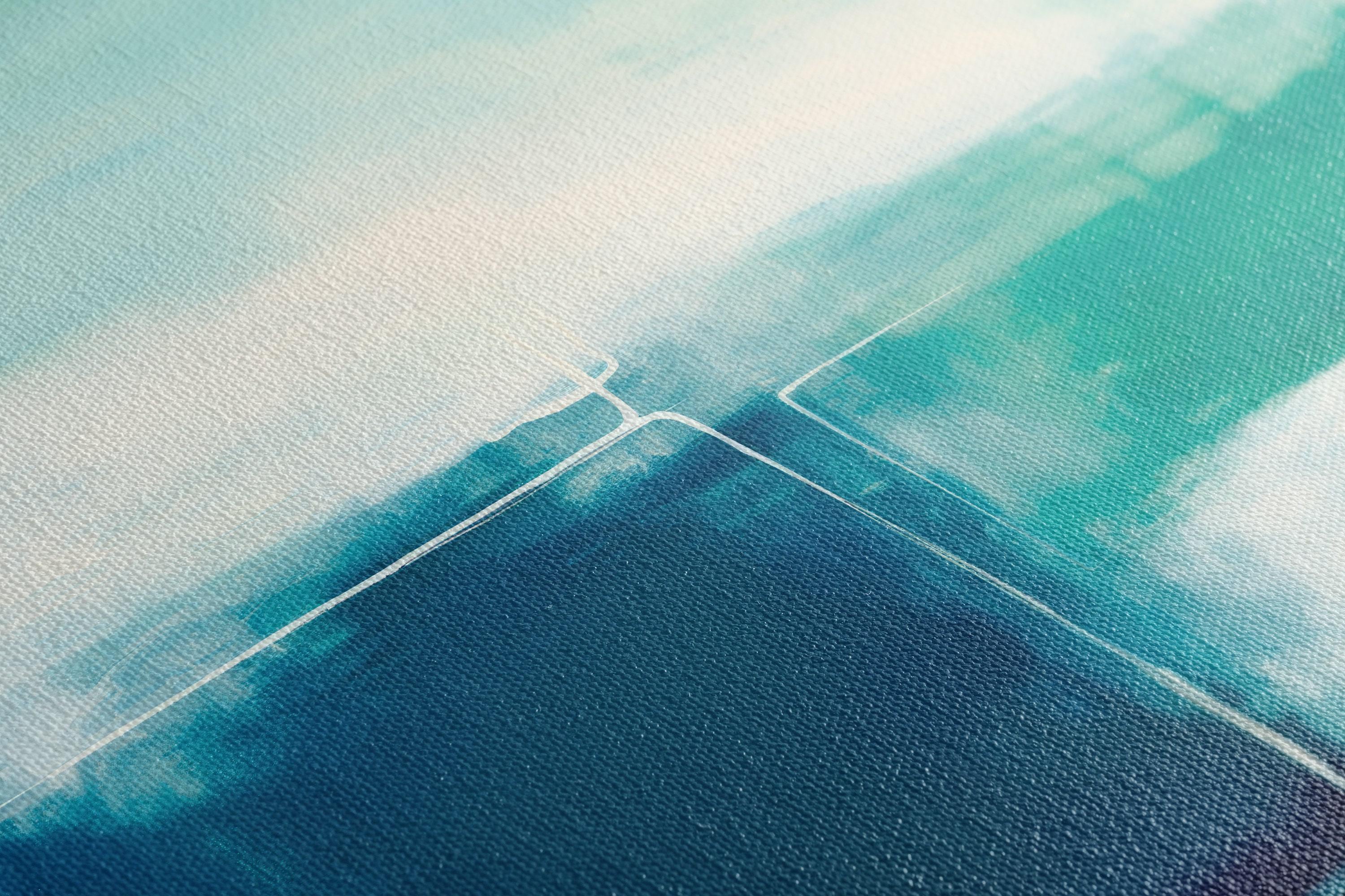 Teal and seafoam abstract artwork with faint geometric linework detail view