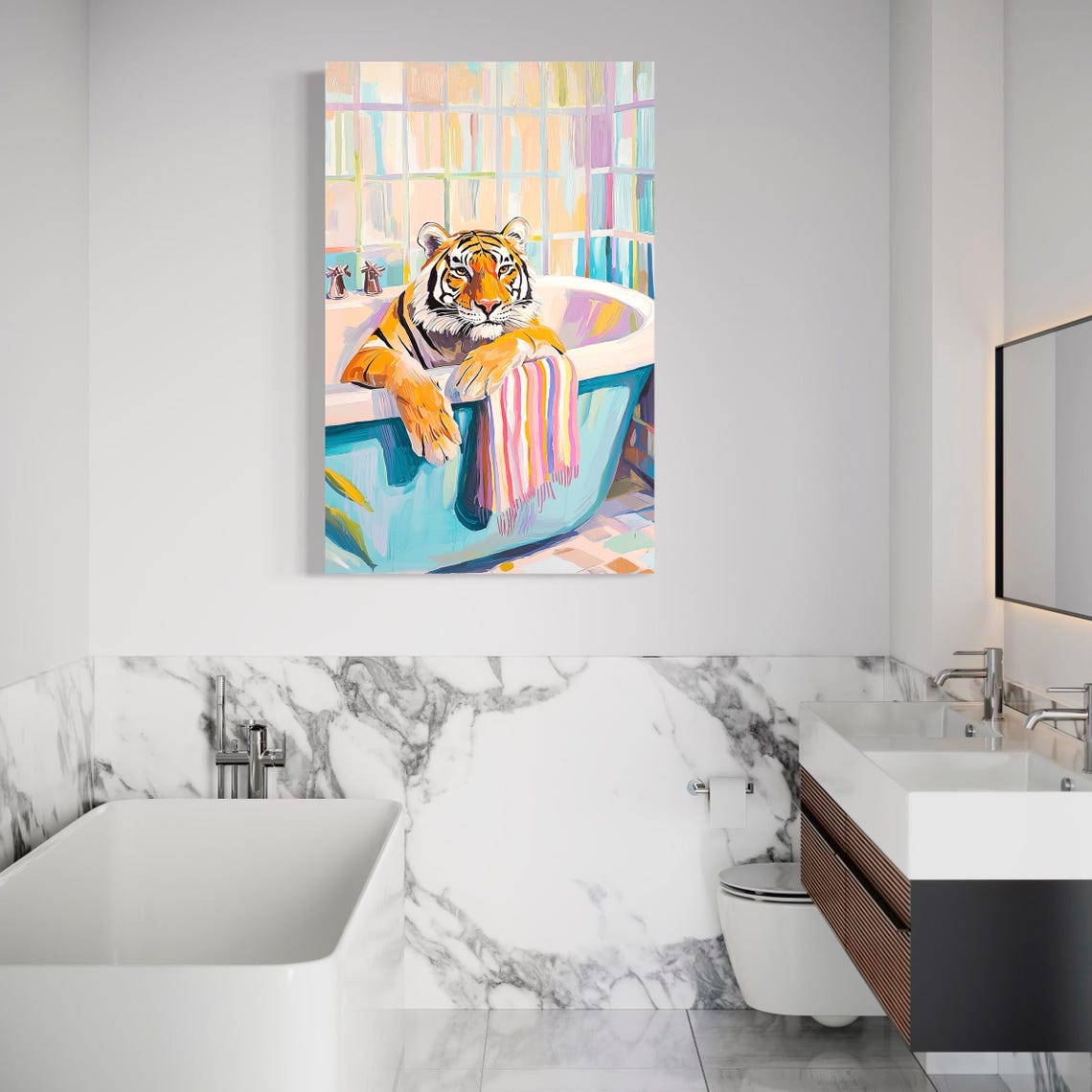 Stylised tiger reclining in a pastel bathtub with bright windowpanes and turquoise pink accents detail view