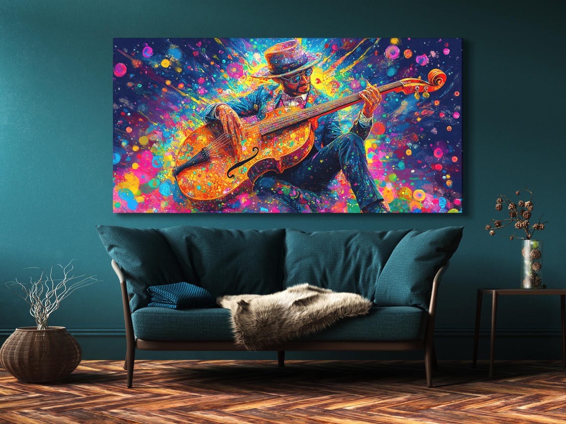 Colourful abstract jazz musician playing a bass guitar with paint splashes and dotted motion marks detail view